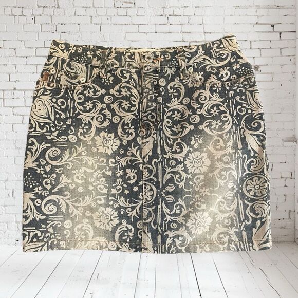 Moschino Distressed denim Blue/Cream Mini Pencil Skirt Sz 8 - Picture 1 of 5